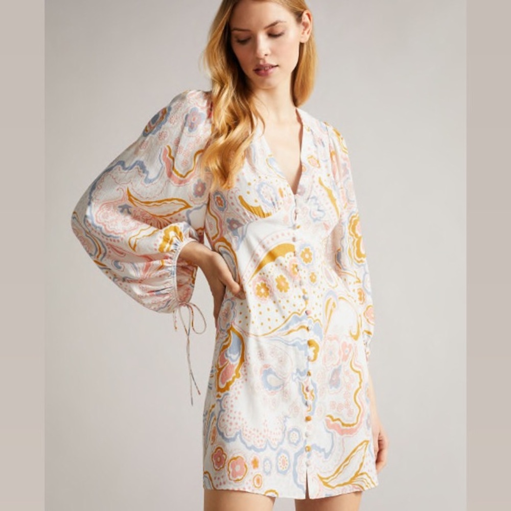 Ted Baker Thelia Dress White Exaggerated Sleeves Mini Floral